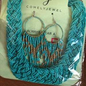 NIP Handcrafted Seed Beaded Chunky Woven Necklace Dangle Bead Loop Earrings Set